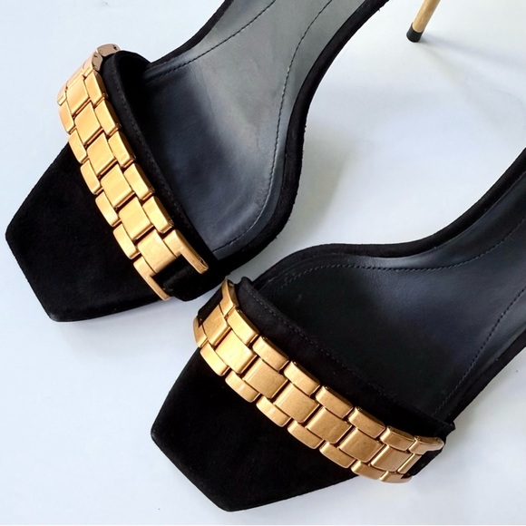 Balmain Uma Chain High Heel Sandals in Black Suede w/ Gold 38.5 - Picture 9 of 16
